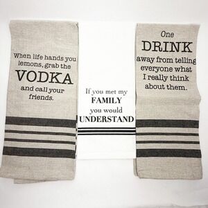 Funny Kitchen Towel Set of 3 Sarcastic Quotes Vodka Family Farmhouse Tan White